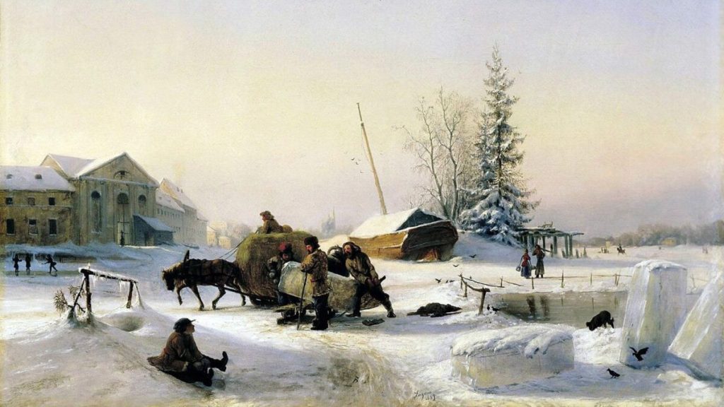 Лев Лагорио, 1849 год. Возка льда (Зимний вид бывшего винного городка на Васильевском острове в Петербурге на Чёрной речке).