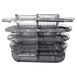 Стеллаж торговый островной радиусный сетчатый серый 215/93/162 5 полок (с ограничителем)