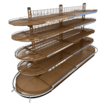 Стеллаж торговый островной радиусный сетчатый коричневый 273/85/185 4 полки (с ограничетилями)