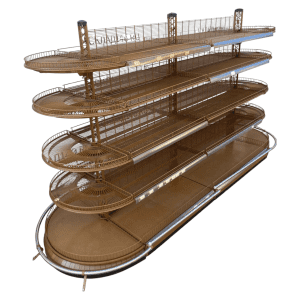 Стеллаж торговый островной радиусный сетчатый коричневый 273/85/185 4 полки (с ограничетилями)